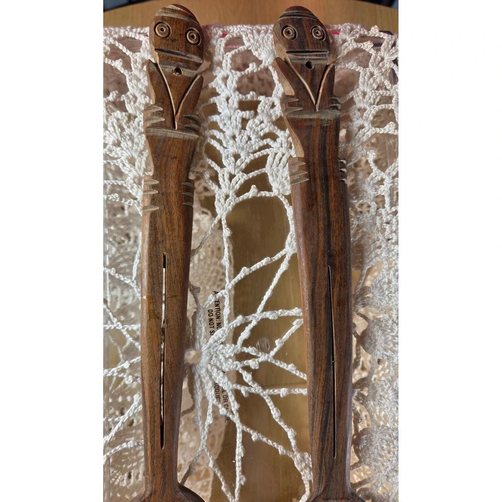 Vintage Hand Carved Wooden Tiki Tribal Salad Servers Spoon and Fork Set 14 Inch